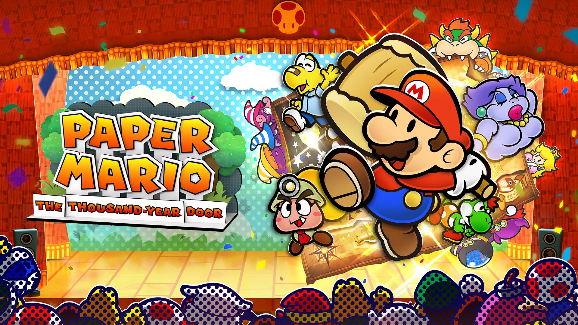 Paper Mario: The Thousand-Year Door -pelin kansikuva, jossa Mario ja hänen ystävänsä seikkailevat värikkäässä paperimaisessa maailmassa.