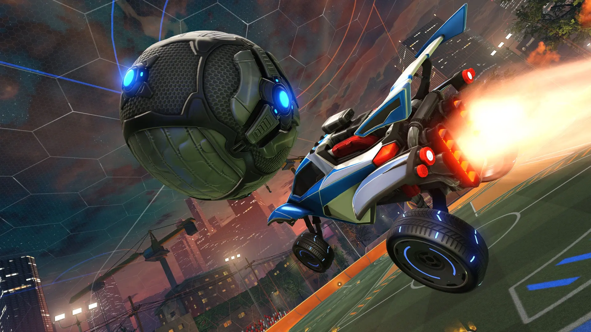 Rocket Leaguen auto kiihdyttää ilmassa palloa kohti.